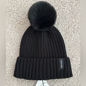 Calvin Klein Black Ribbed Knit Beanie w/ Faux Fur Pom | NWT | MSRP $48